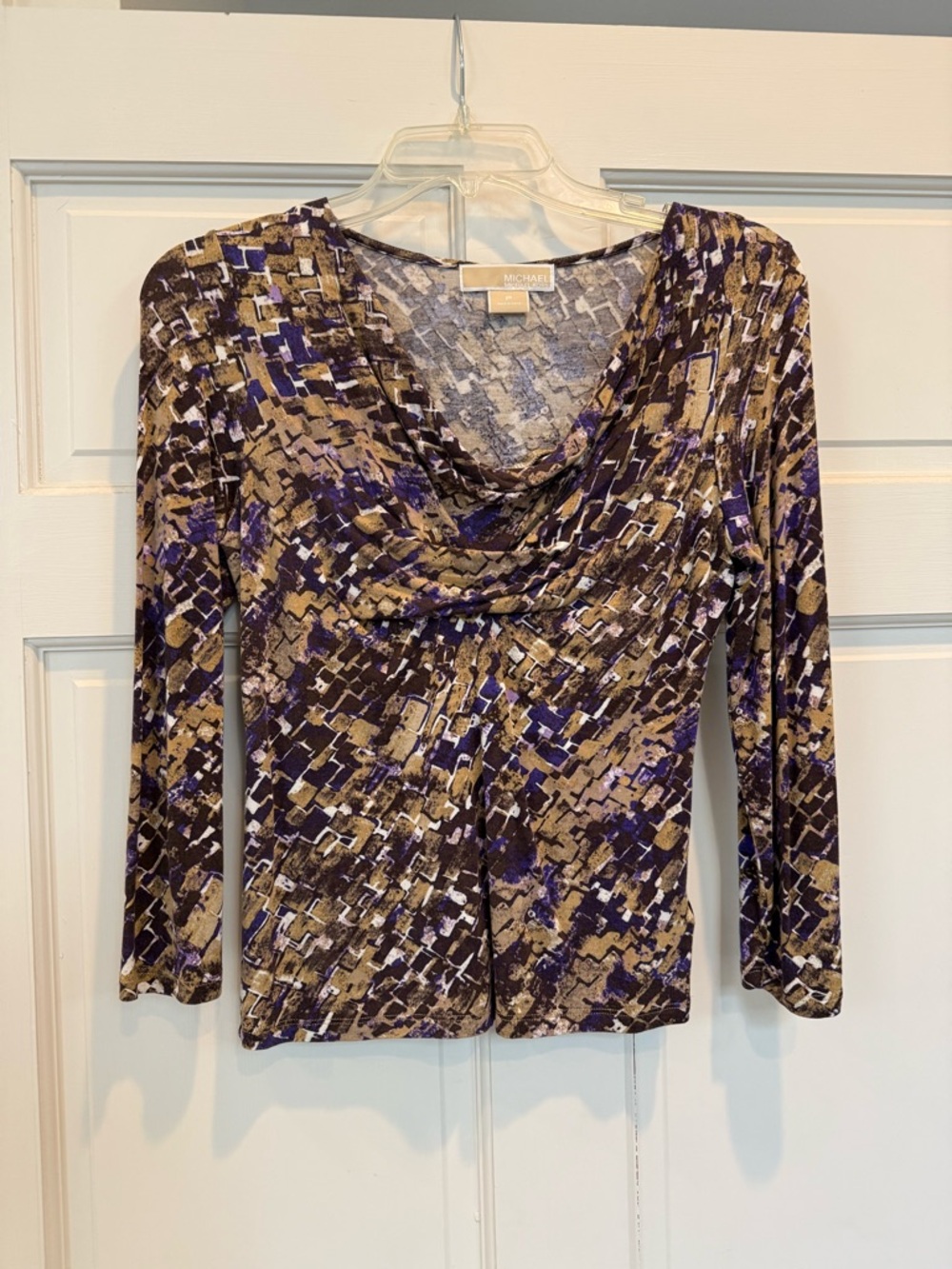 Michael Korrs  Purple, Tan & Black Draped Cowl Long Sleeve Top